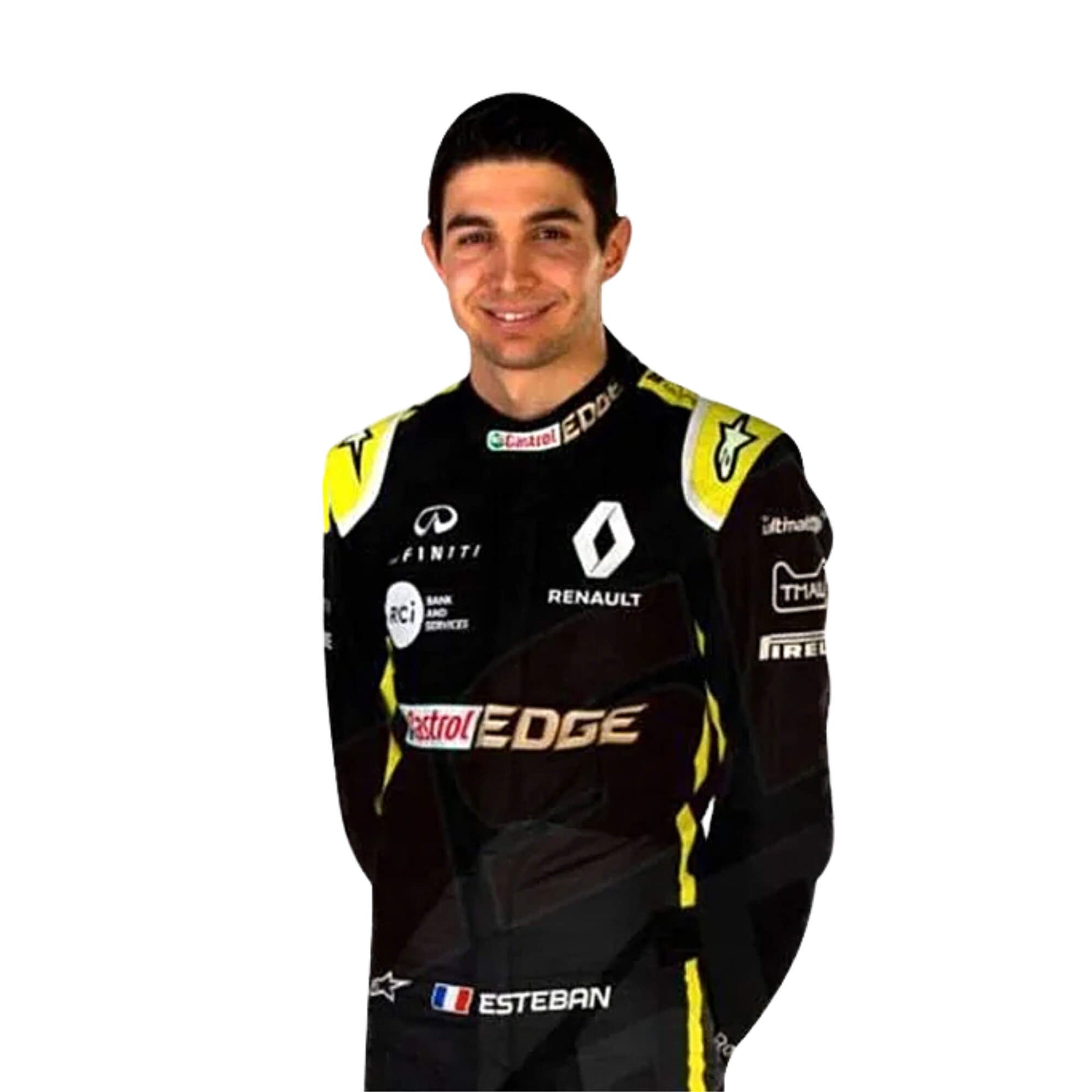 Esteban Ocon 2020 F1 racing suit close up front view  – modern and performance-focused racewear design, appreciated by motorsport fans and collectors.