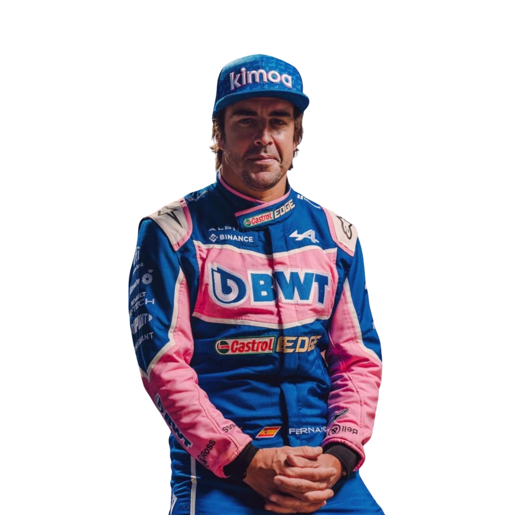 Close-up of the premium fabric and detailed stitching of Fernando Alonso’s 2022 F1 racing suit, emphasizing quality and performance-focused design.

