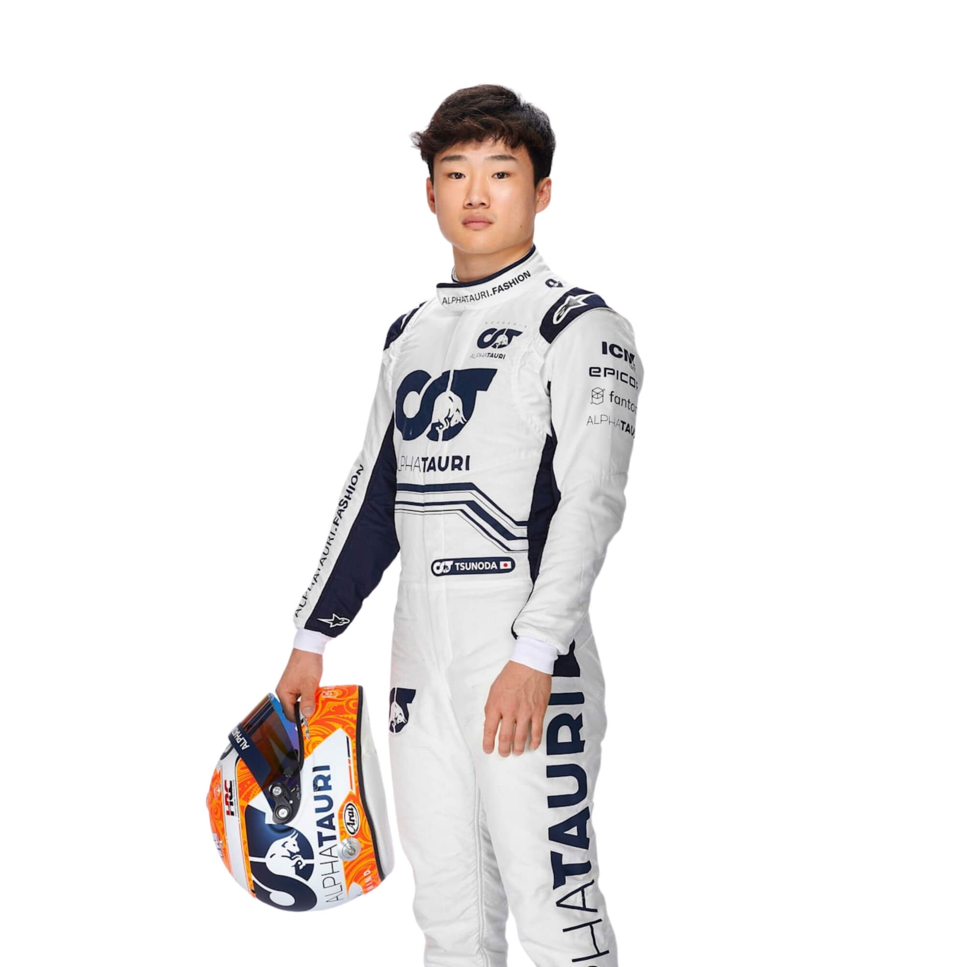 Close-up view of stitching and detailing on Yuki Tsunoda 2022 F1 suit, capturing texture and branding