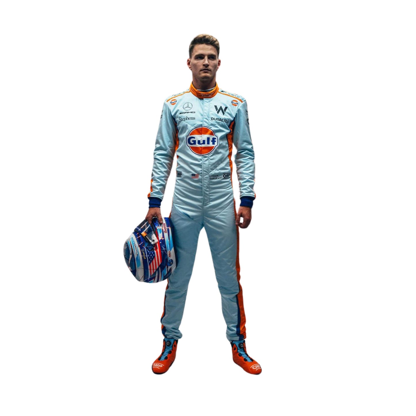 Front view of Logan Sargeant's 2023 Singapore GP F1 racing suit in light blue with orange accents and white sponsor logos.