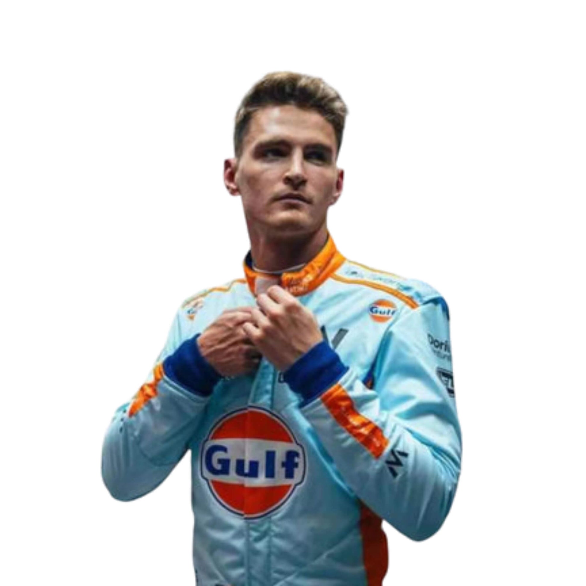 Close-up of the 2023 Singapore GP F1 race suit inspired by Logan Sargeant, displaying the intricate light blue and orange design with white logos.