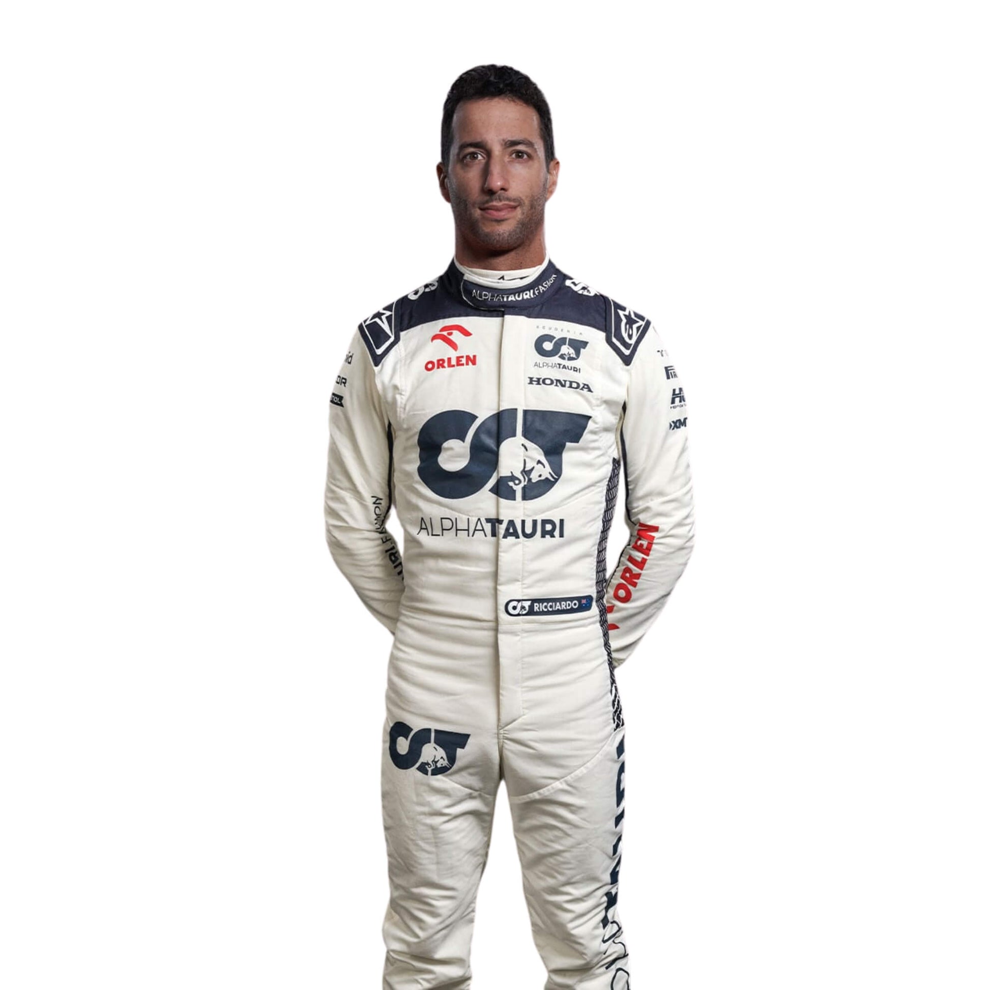 Close-up of Ricciardo’s 2023 F1 racing suit fabric texture and stitched sponsor logos, detailing the high-quality materials and the integration of the white, navy blue, and red color palette.