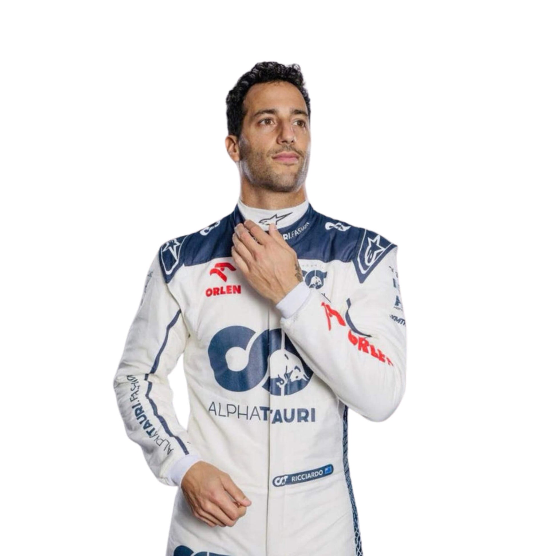 Close-up of Ricciardo’s 2023 F1 racing suit fabric texture and stitched sponsor logos, detailing the high-quality materials and the integration of the white, navy blue, and red color palette.