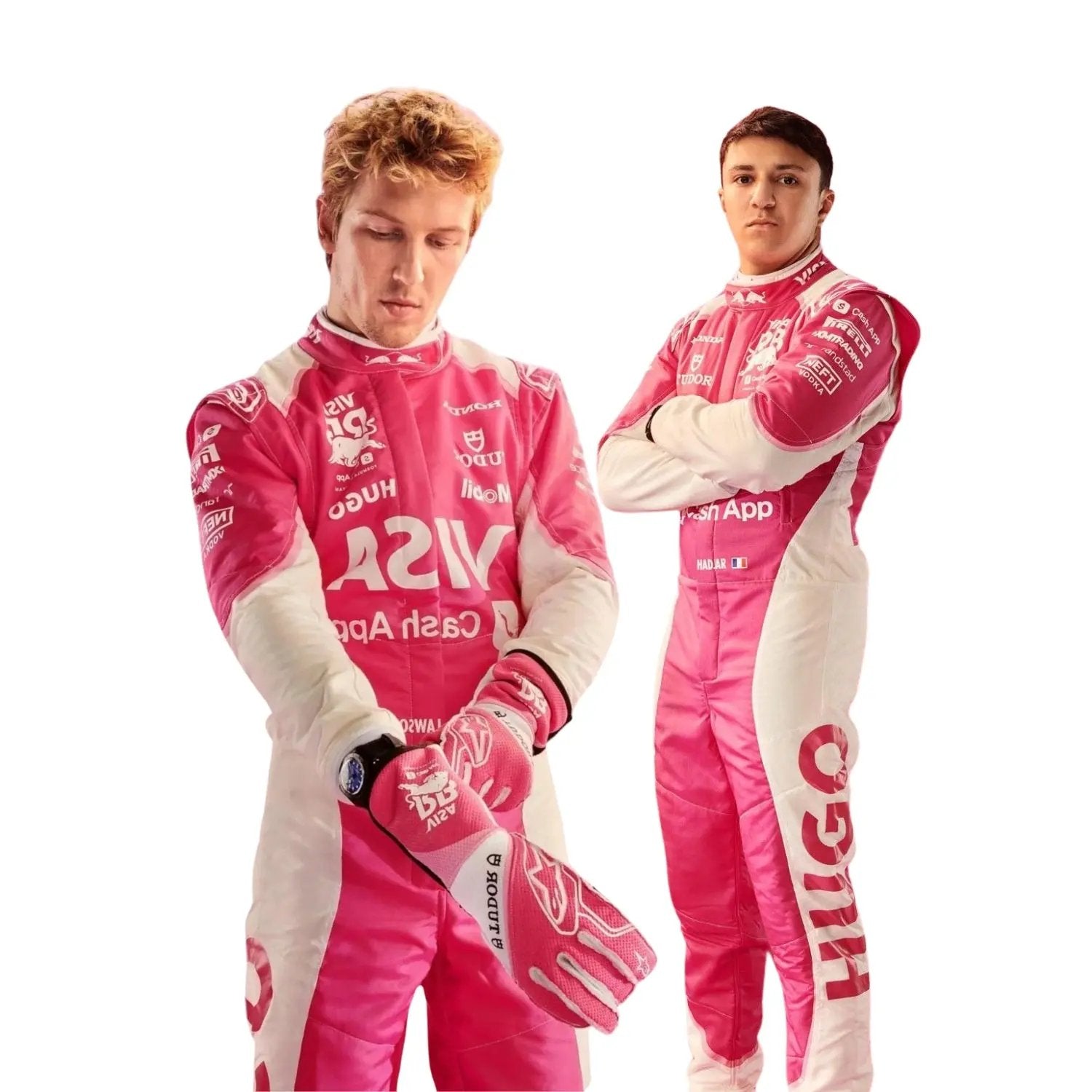 Front view of the 2025 Miami GP F1 costume worn by Liam Lawson and Isack Hadjar, showcasing turquoise-blue panels, black base, lightweight design, and precision sponsor placement.