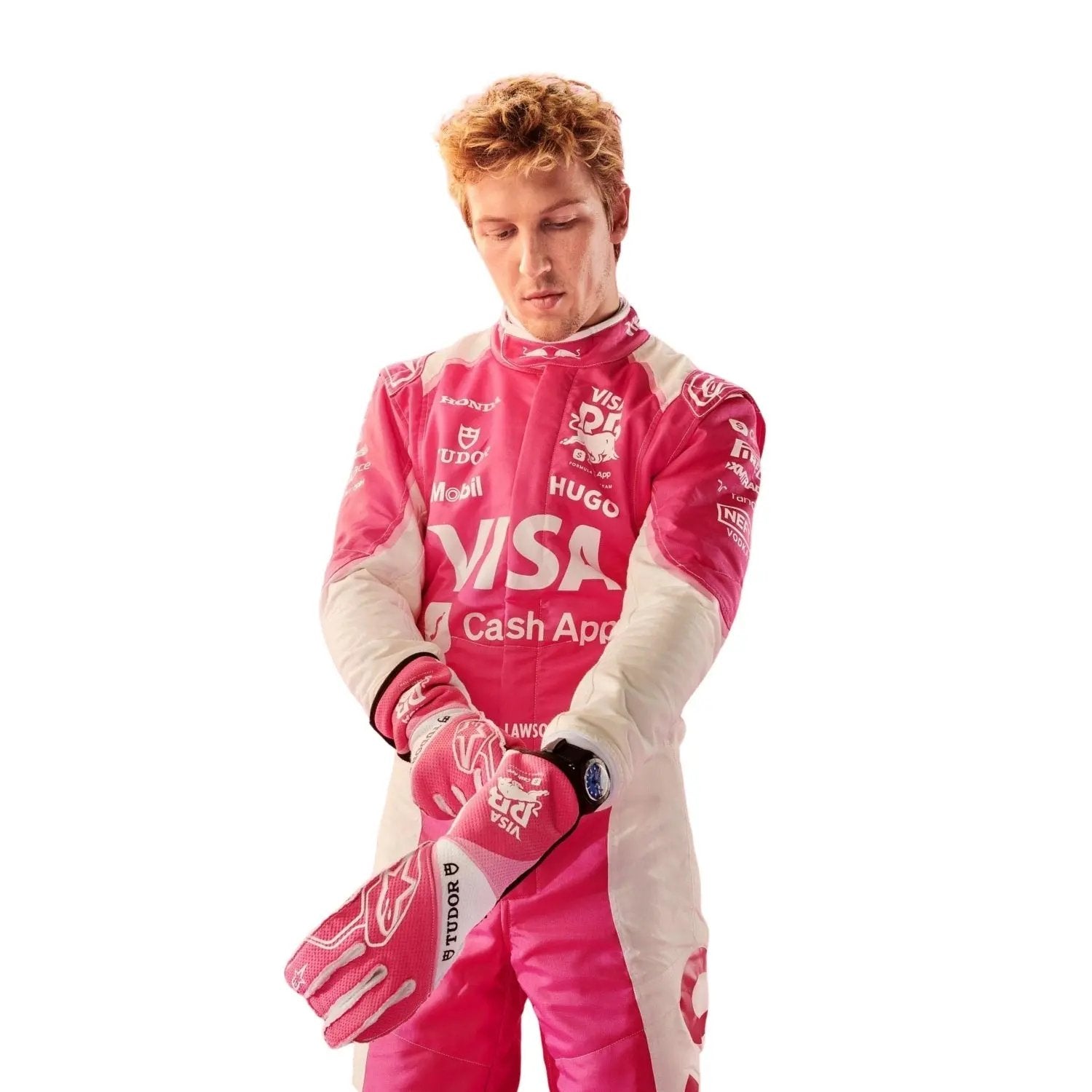 Liam Lawson fully geared up in his 2025 Miami Grand Prix suit with helmet, styled in white and pink for a sharp racing look.
