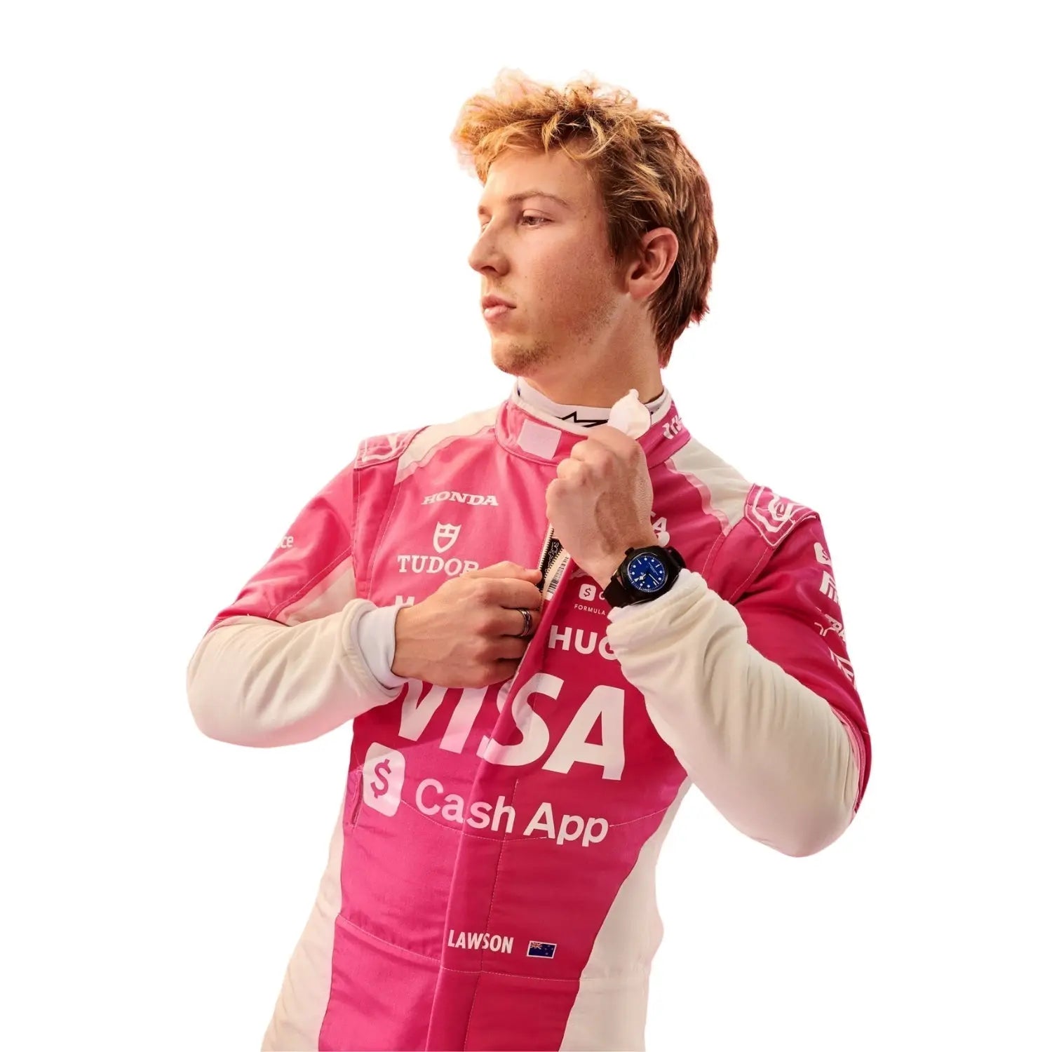 Side profile of Liam Lawson wearing his Miami GP suit, showing streamlined contours and performance-driven design.