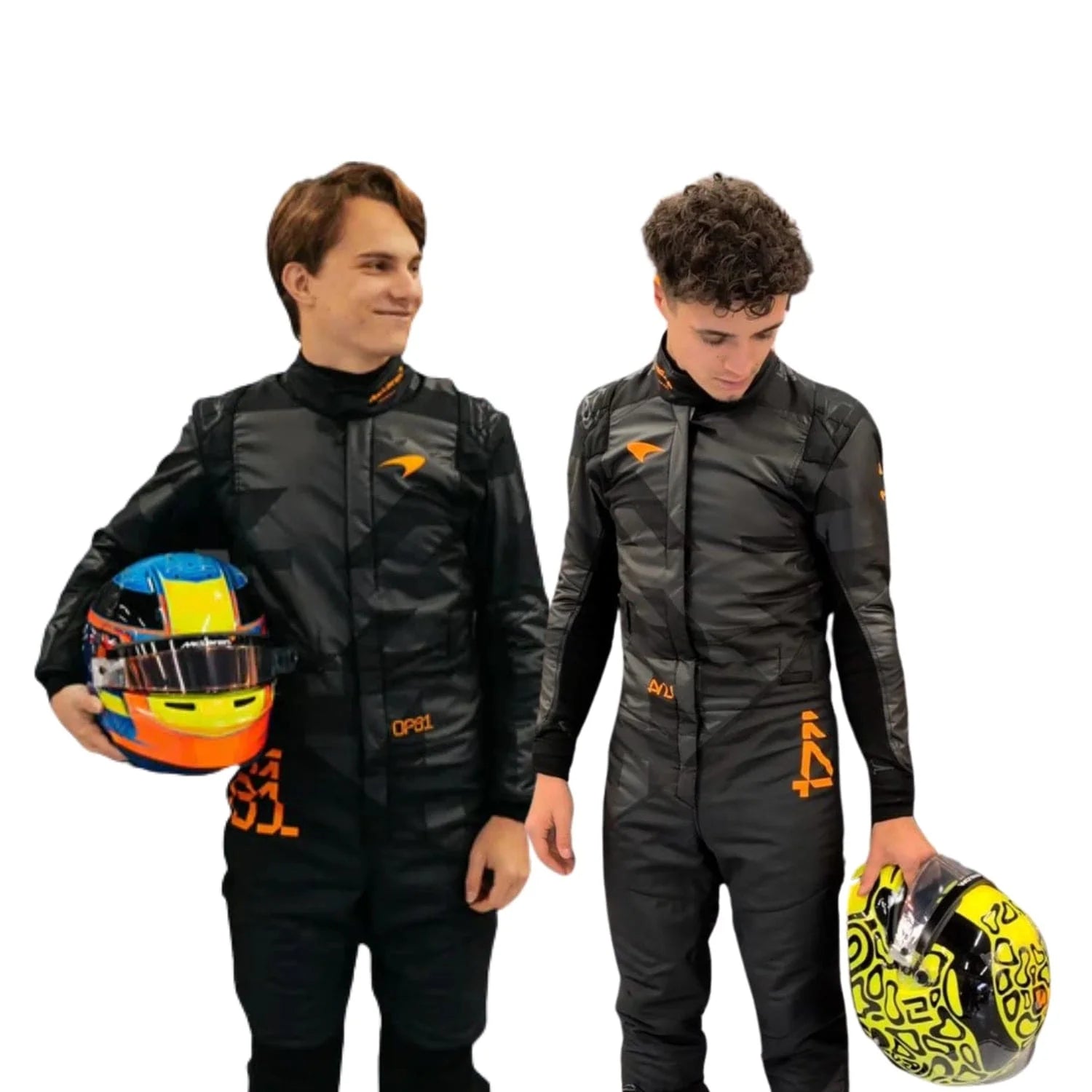 Front view of the 2025 McLaren F1 livery reveal racing costume worn by Lando Norris and Oscar Piastri, featuring a sleek matte black base with bold orange logos and driver initials (LN4 & OP81) in neon orange.