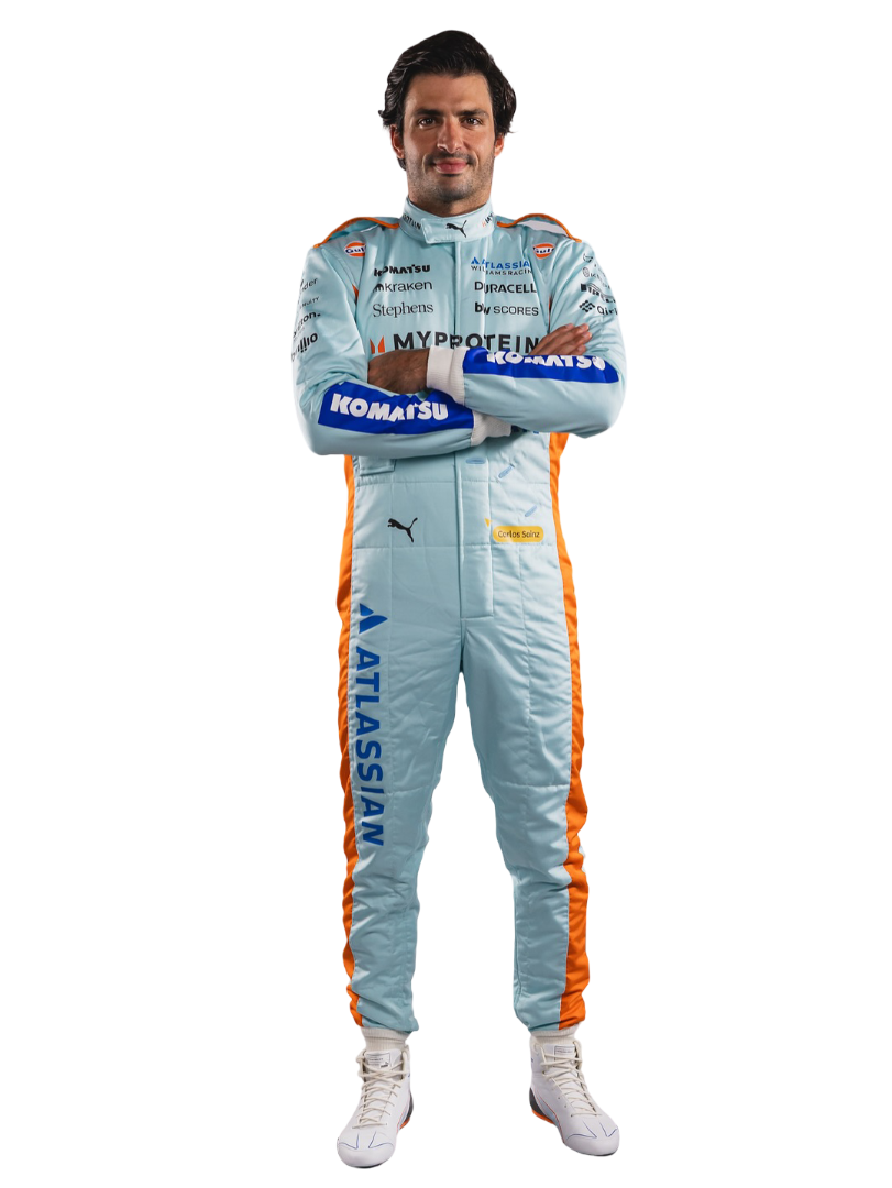 Front view of 2025 Carlos Sainz Jr. Brazillian Grand Prix F1 Racing Suit - Speedxgear