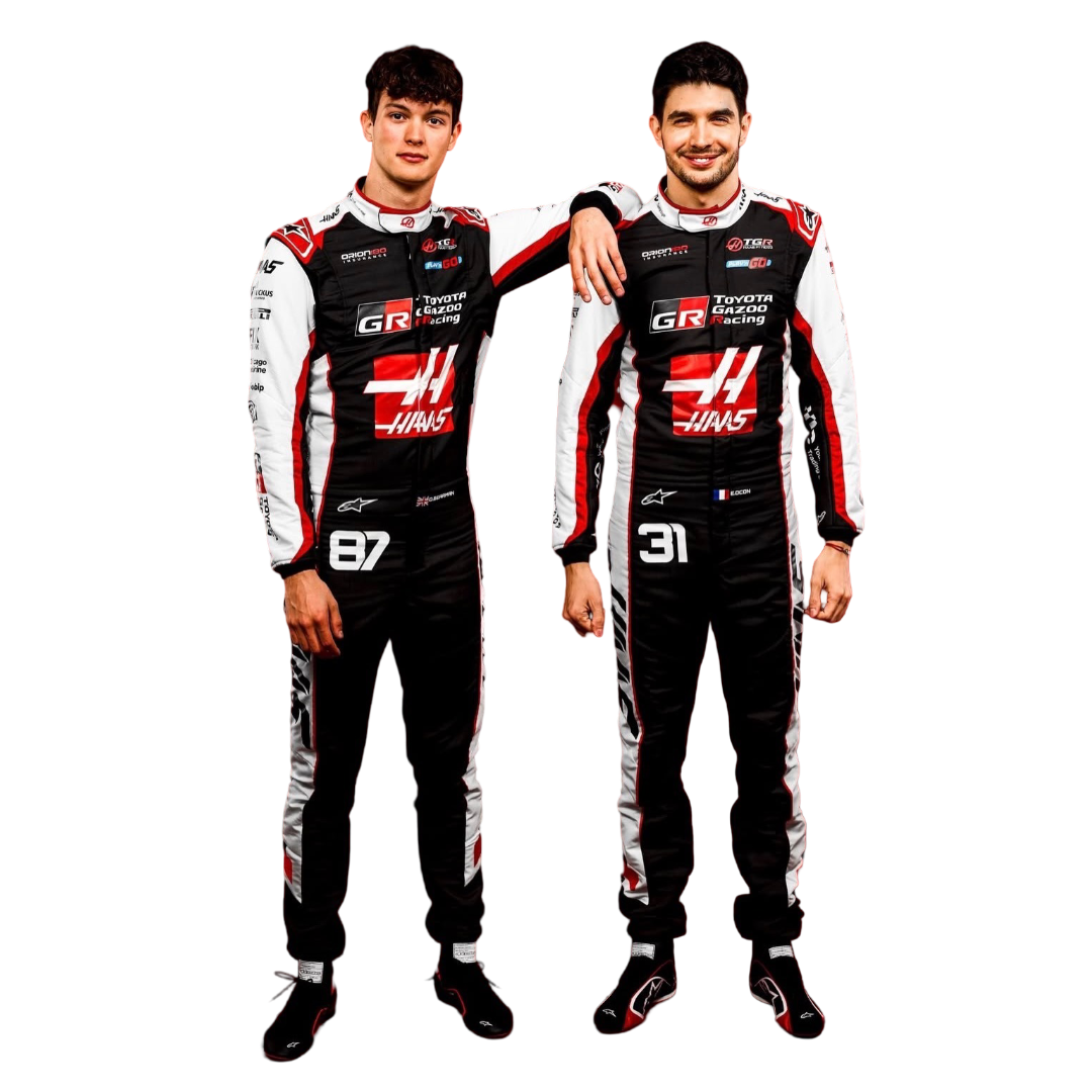 Front view of the 2026 Esteban Ocon & Oliver Bearman F1 Racing Suit  from speedxgear