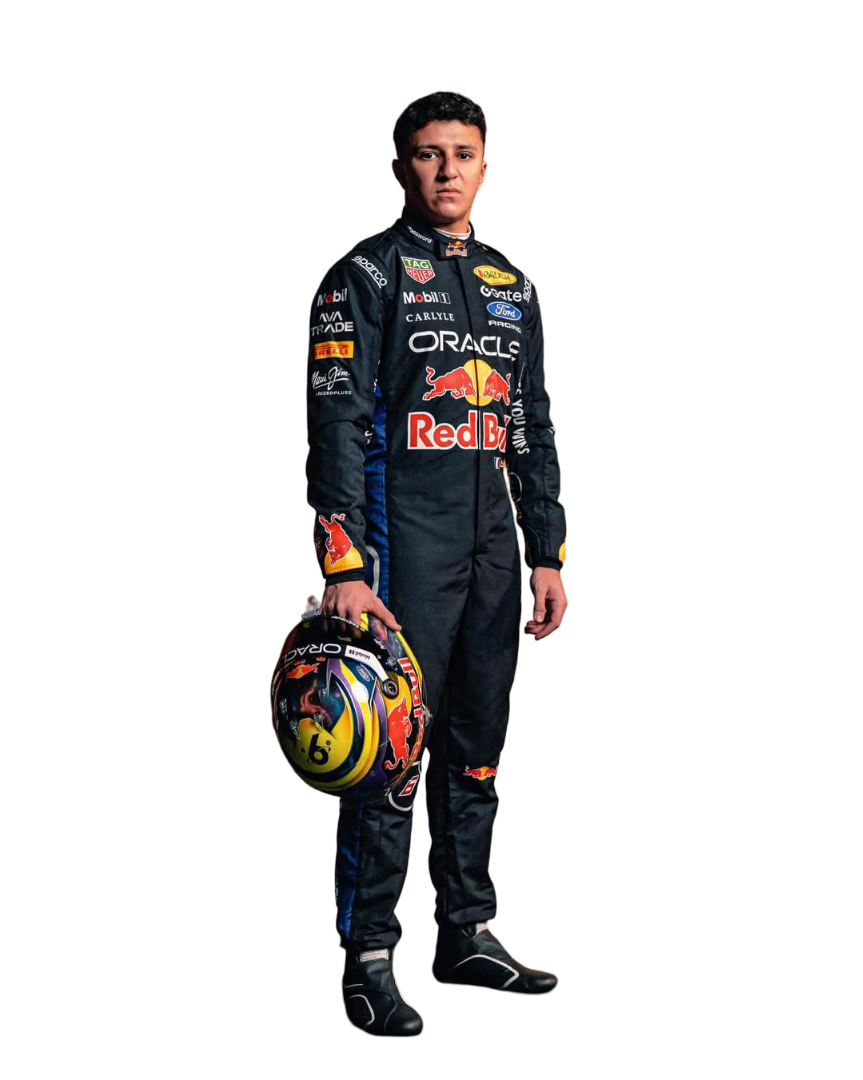 Front view of 2026 F1 racing costume worn by Isack Hadjar featuring aggressive contour lines, dynamic stretch zones, and precision sponsor placement in deep navy and crimson tones - Speedxgear
