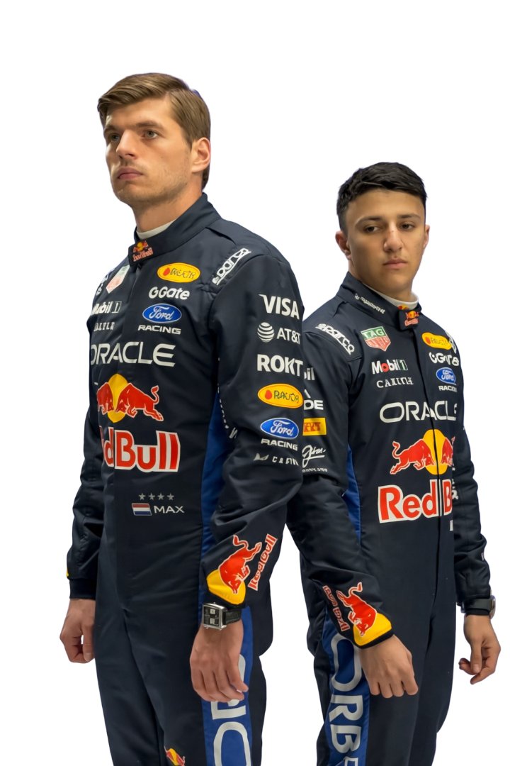 2026 F1 racing costume worn by Max Verstappen and Isack Hadjar featuring aggressive contour lines, Redbull logo, dynamic stretch zones, and precision sponsor placement in deep navy and crimson tones. in speedxgear
