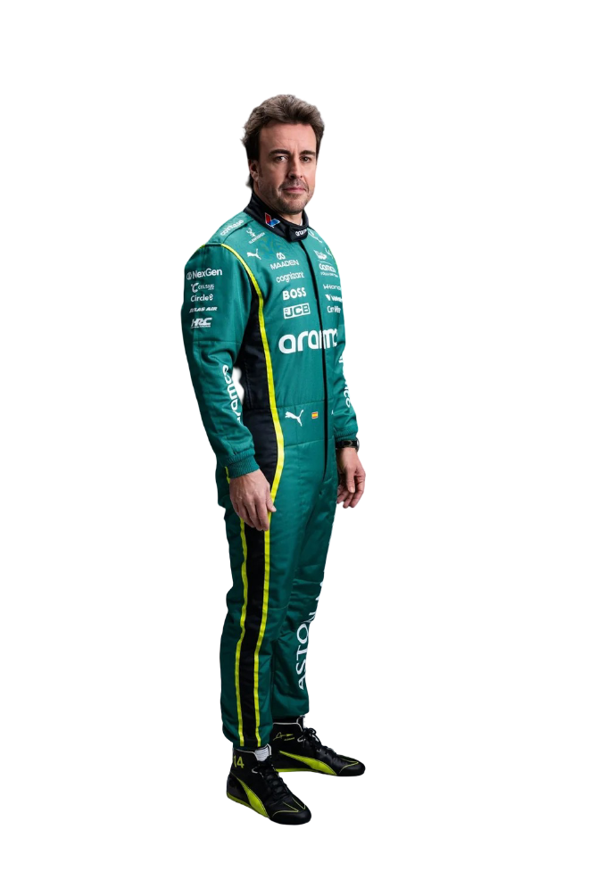 Side profile of the 2026 Fernando Alonso F1 racing Suit from Speedxgear, highlighting precision fit contours, side ventilation zones, and sleek branding design.