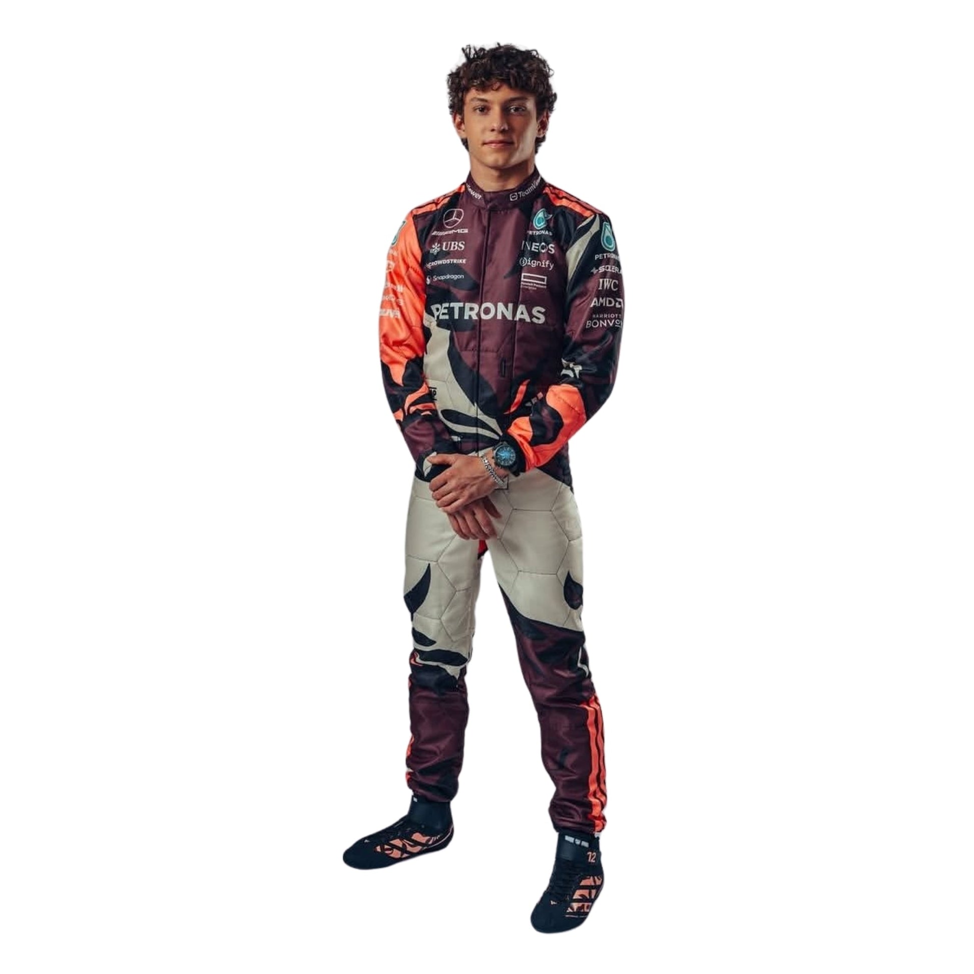 Front view of Andrea Kimi Antonelli’s 2025 Miami GP F1 racing suits featuring modern aerodynamic tailoring, tropical-inspired graphics, and race-ready detailing.
