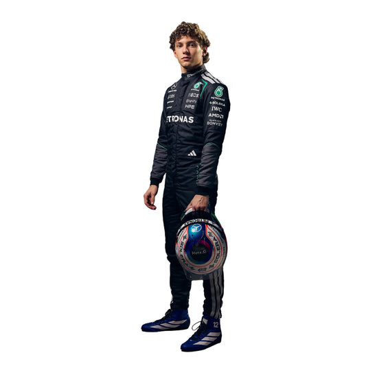 side view of andrea kimi antonelli 2026 mercedes f1 racing suit with Petronas branding.
