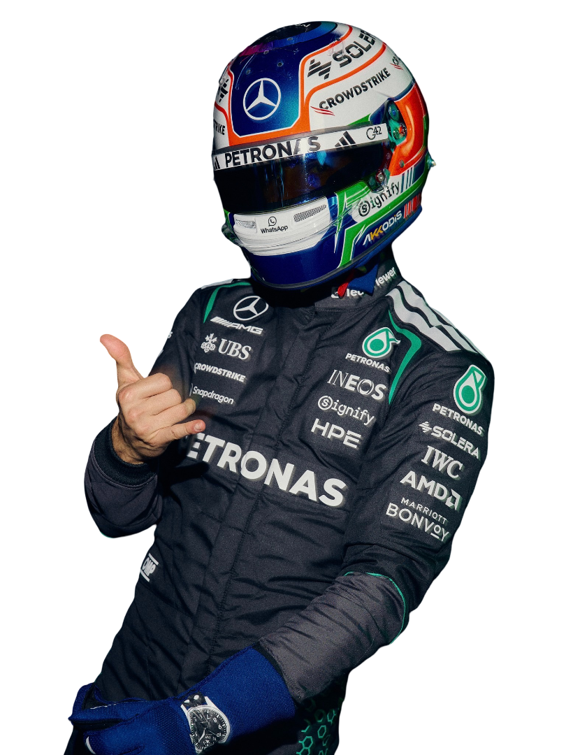 Andrea kimi antonelli wearing a mercedes f1 racing suit and helmet with visible branding on a white background