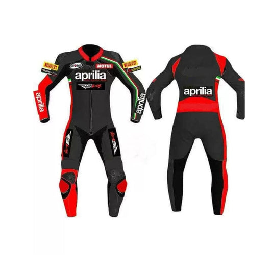 Black Aprilia Motorcycle Racing Leather Suit SpeedX Gear