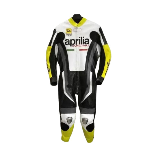 White and Black Racing Leather Suit for Aprilia Motorcycles SpeedX Gear