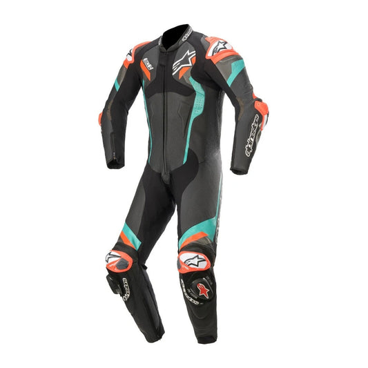 Atem V4 One-Piece Motorcycle Leather Racing Suit Black, Red, and Blue SpeedX Gear
