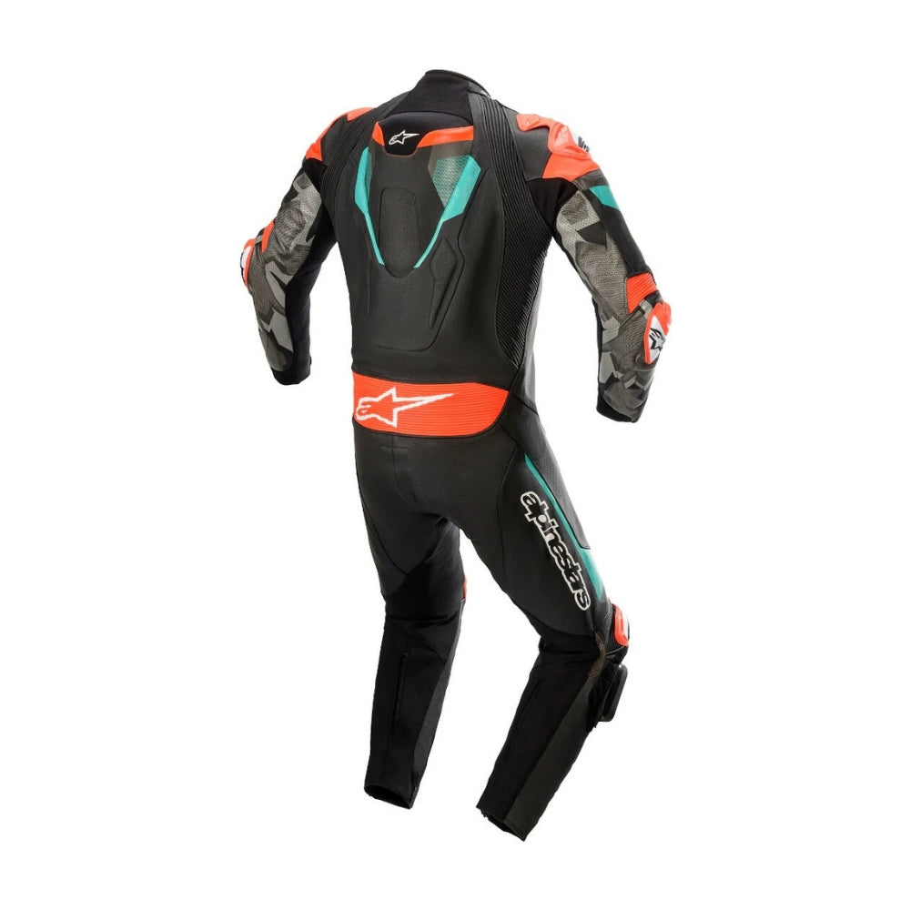 Atem V4 One-Piece Motorcycle Leather Racing Suit Black, Red, and Blue SpeedX Gear