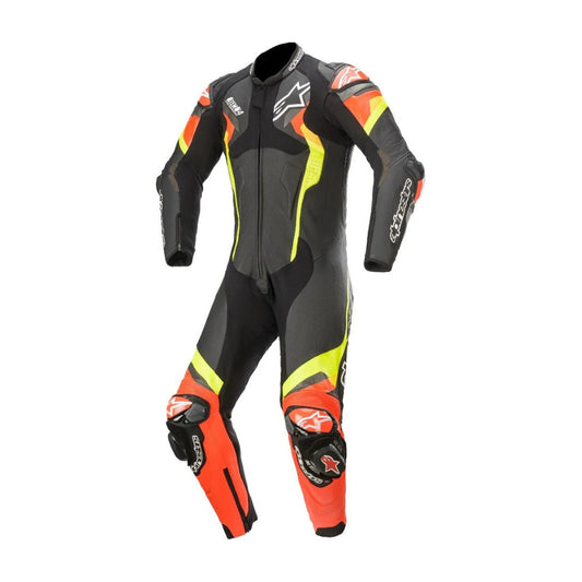 Atem V4 One-Piece Motorcycle Leather Racing Suit Black, Red, and Yellow SpeedX Gear