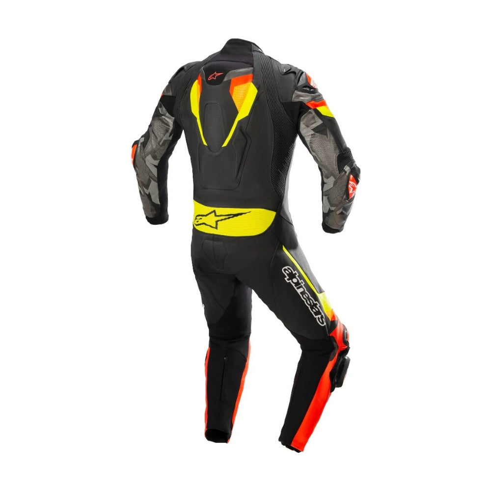 Atem V4 One-Piece Motorcycle Leather Racing Suit Black, Red, and Yellow SpeedX Gear