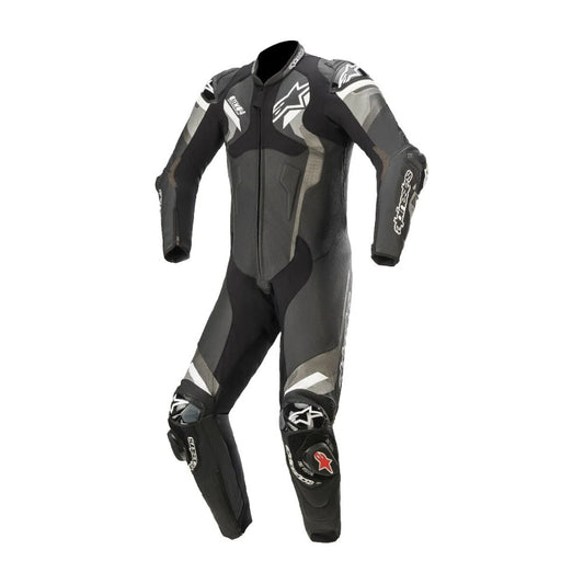 Atem V4 One-Piece Motorcycle Leather Racing Suit Black, White, and Grey SpeedX Gear