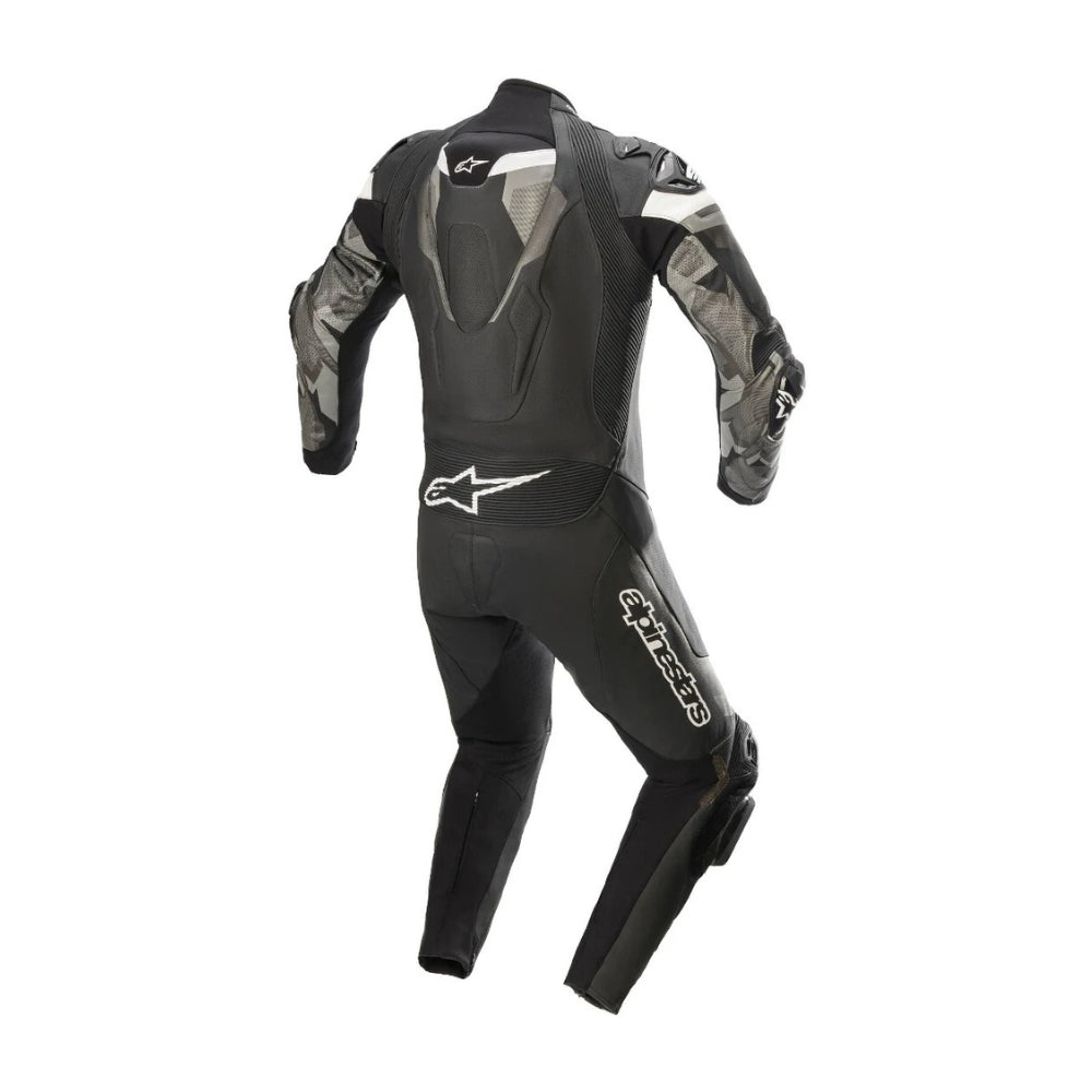 Atem V4 One-Piece Motorcycle Leather Racing Suit Black, White, and Grey SpeedX Gear