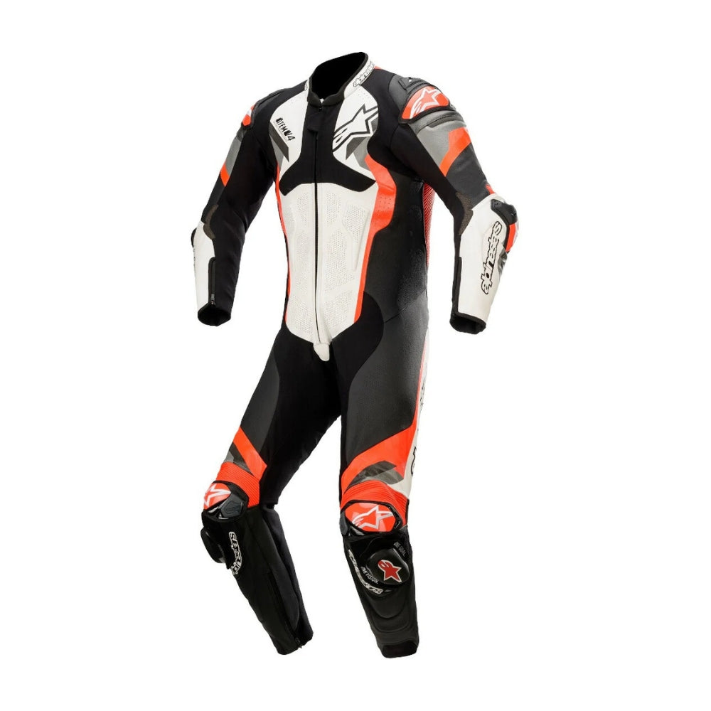 Atem V4 One-Piece Motorcycle Leather Racing Suit Black, White, and Red SpeedX Gear
