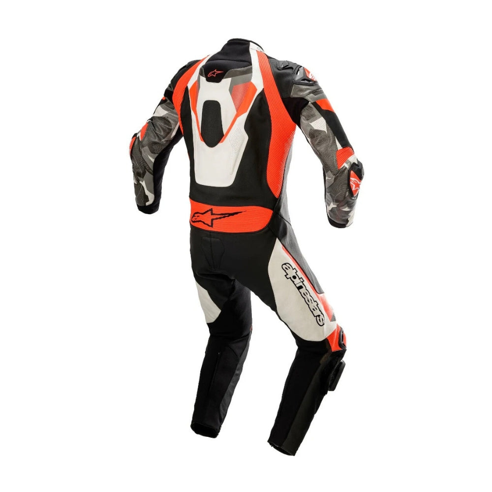 Atem V4 One-Piece Motorcycle Leather Racing Suit Black, White, and Red SpeedX Gear