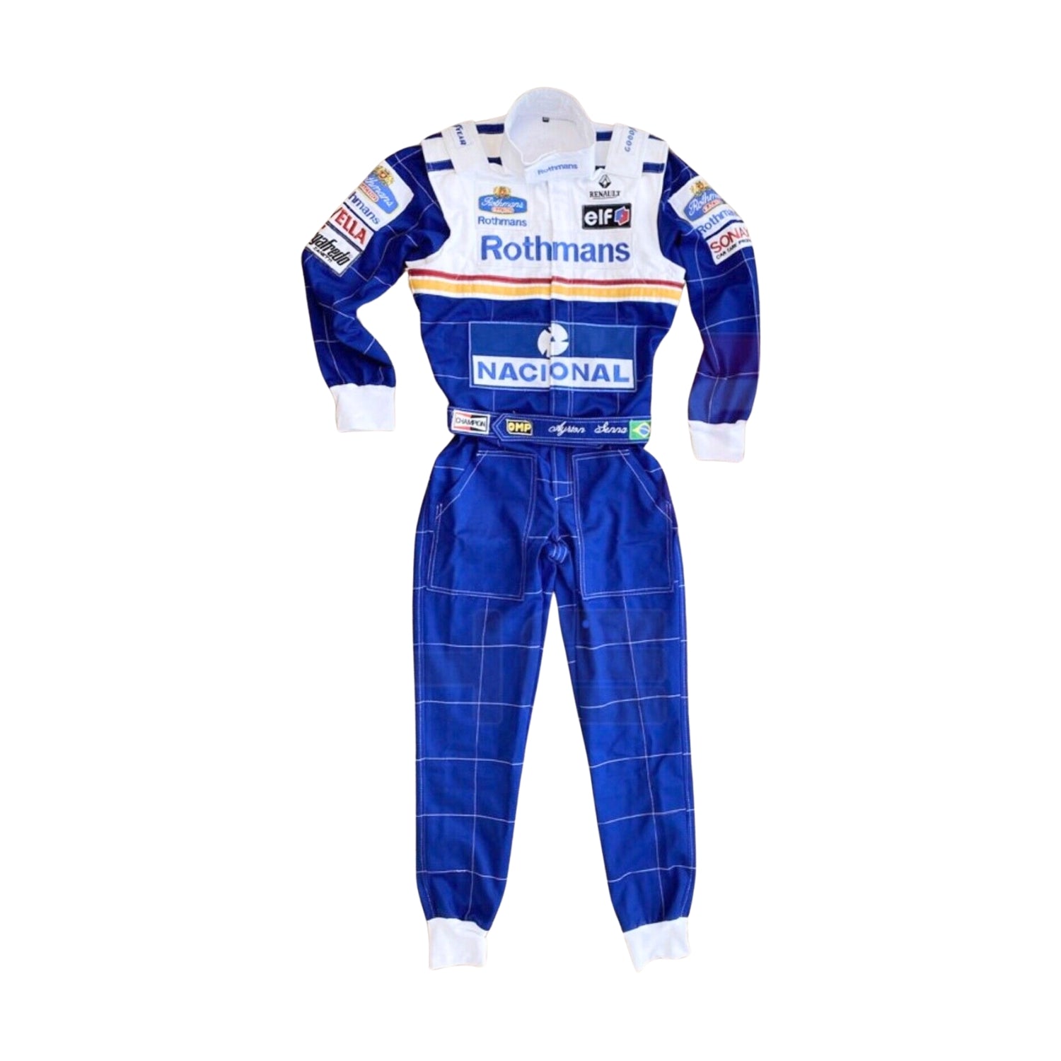 Front view of Ayrton Senna’s 1994 F1 racing suit, featuring his iconic yellow and blue design, reflecting his final season in Formula 1 before his tragic passing.