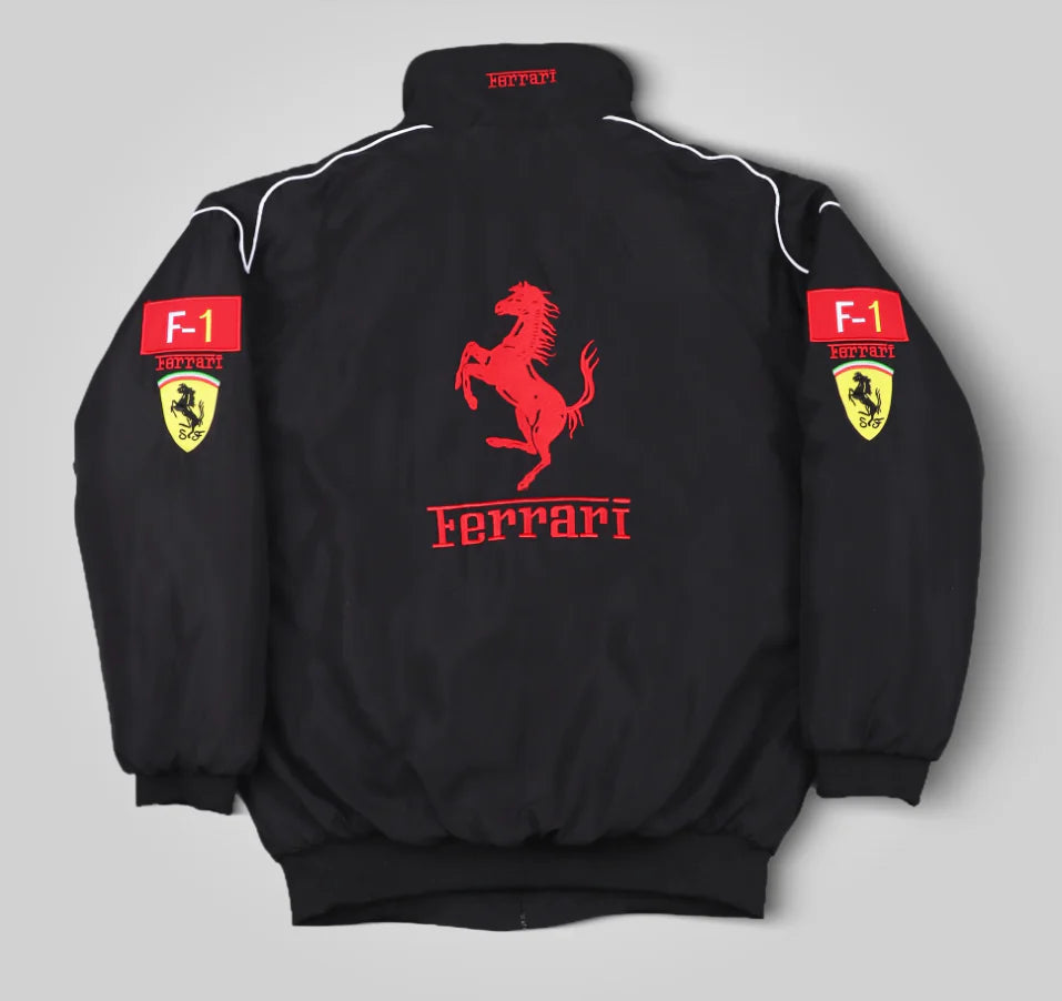 Back view of Black Ferrari F1 Racing Jacket - Speedxgear