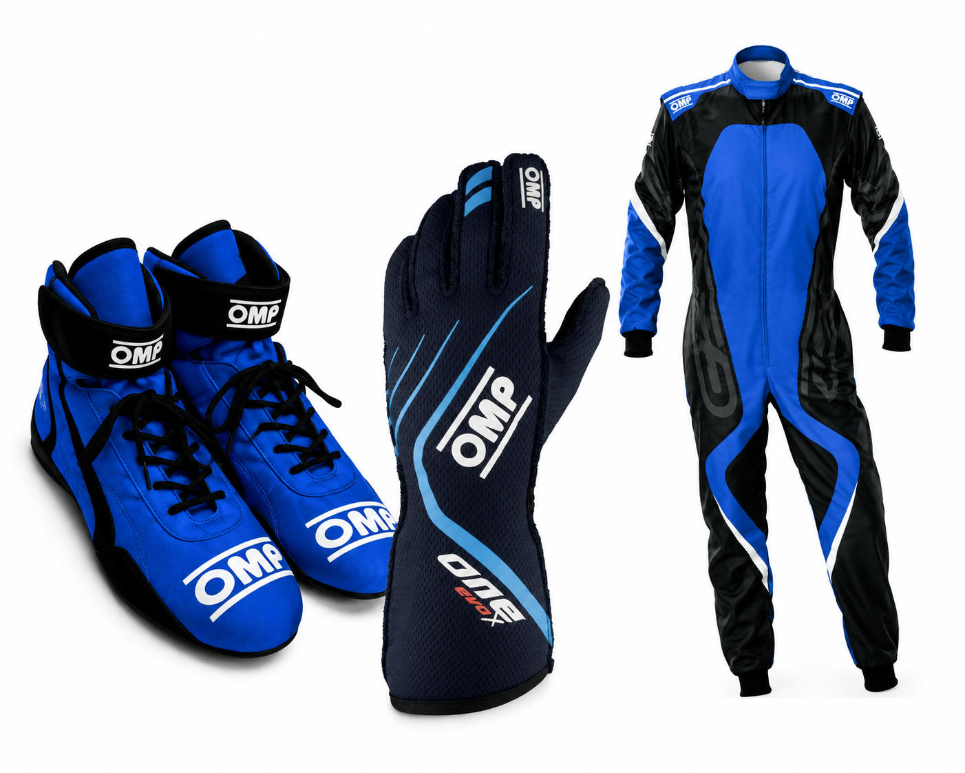 Blue OMP Kart Racing Suit, Racing Gloves & Racing Shoes - Speedxgear