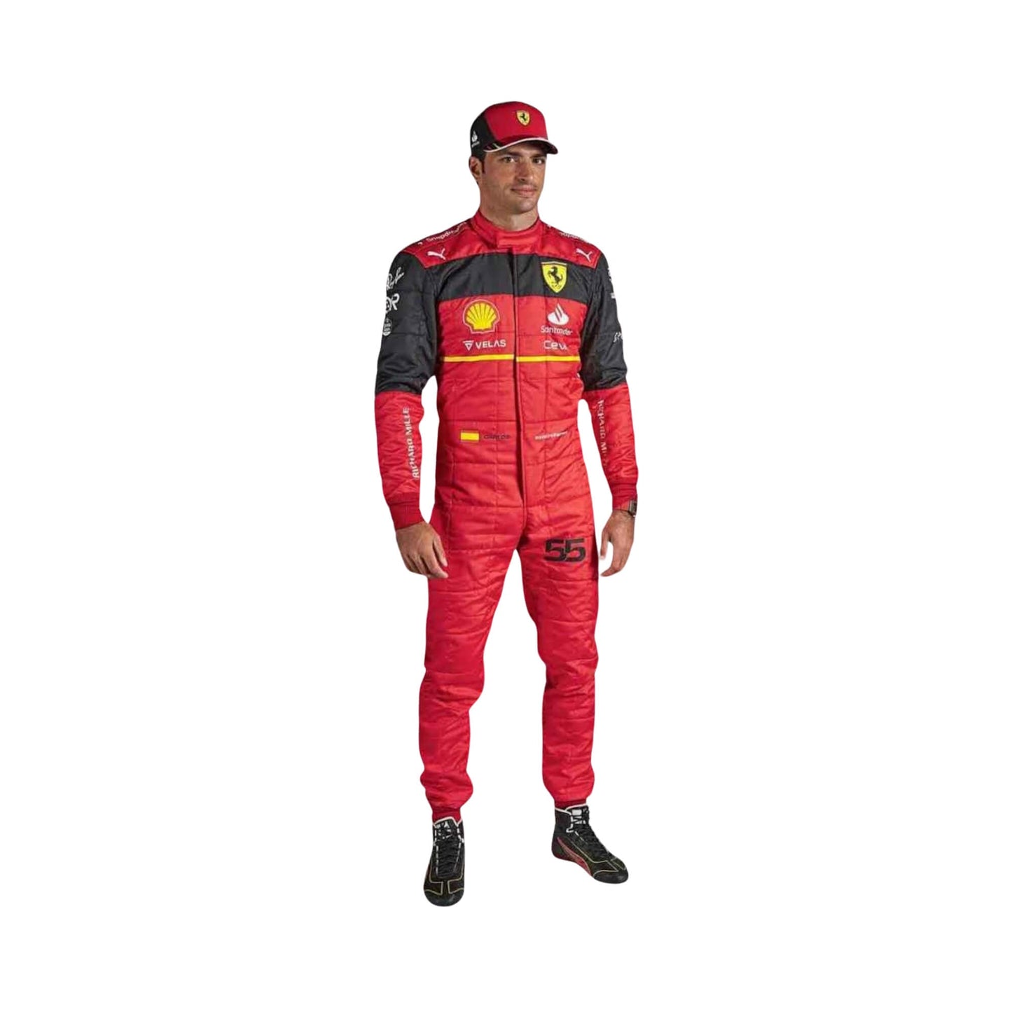 Carlos Sainz’s 2022 F1 racing suit front view, showcasing the dynamic red design with sponsor logos, and detailed racing patches, reflecting his time.