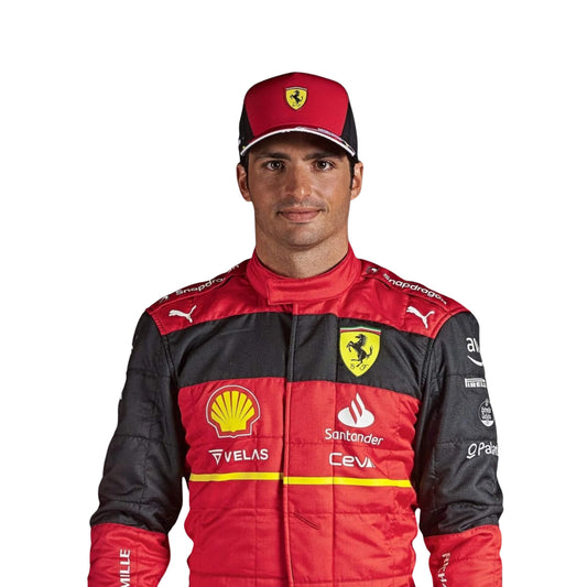 Close-up of Carlos Sainz 2022 racing suit – detailed stitching, vibrant colors, and tailored fit.