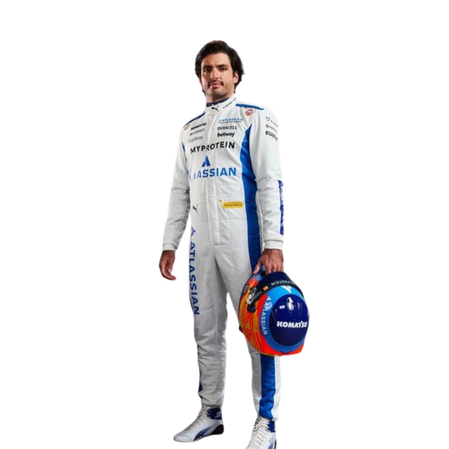 Carlos Sainz wearing his 2025 Formula 1 racing suit, standing with a confident racing posture and focus holding helmet