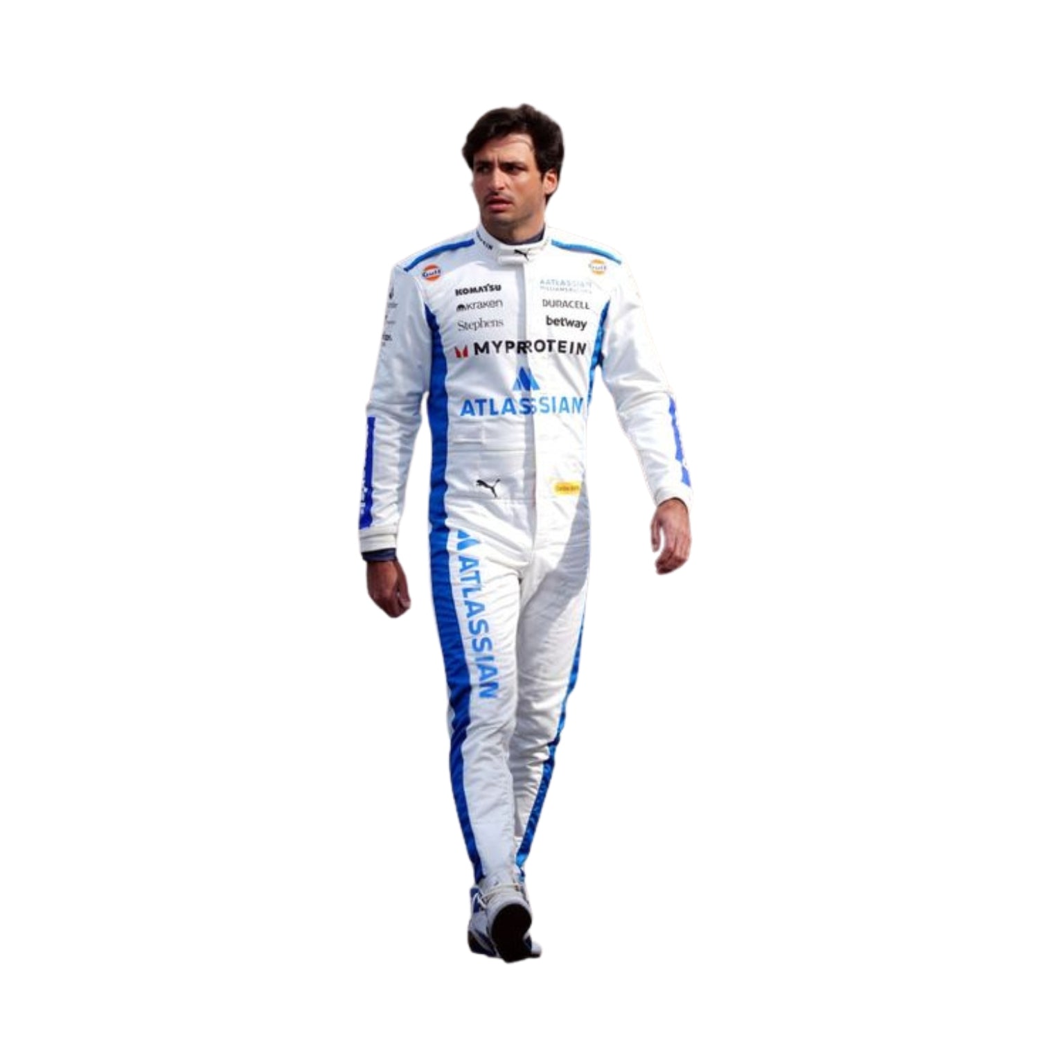 Front view of Carlos Sainz's 2025 F1 racing suit in white with blue side panels, featuring sponsor logos and a sleek design.