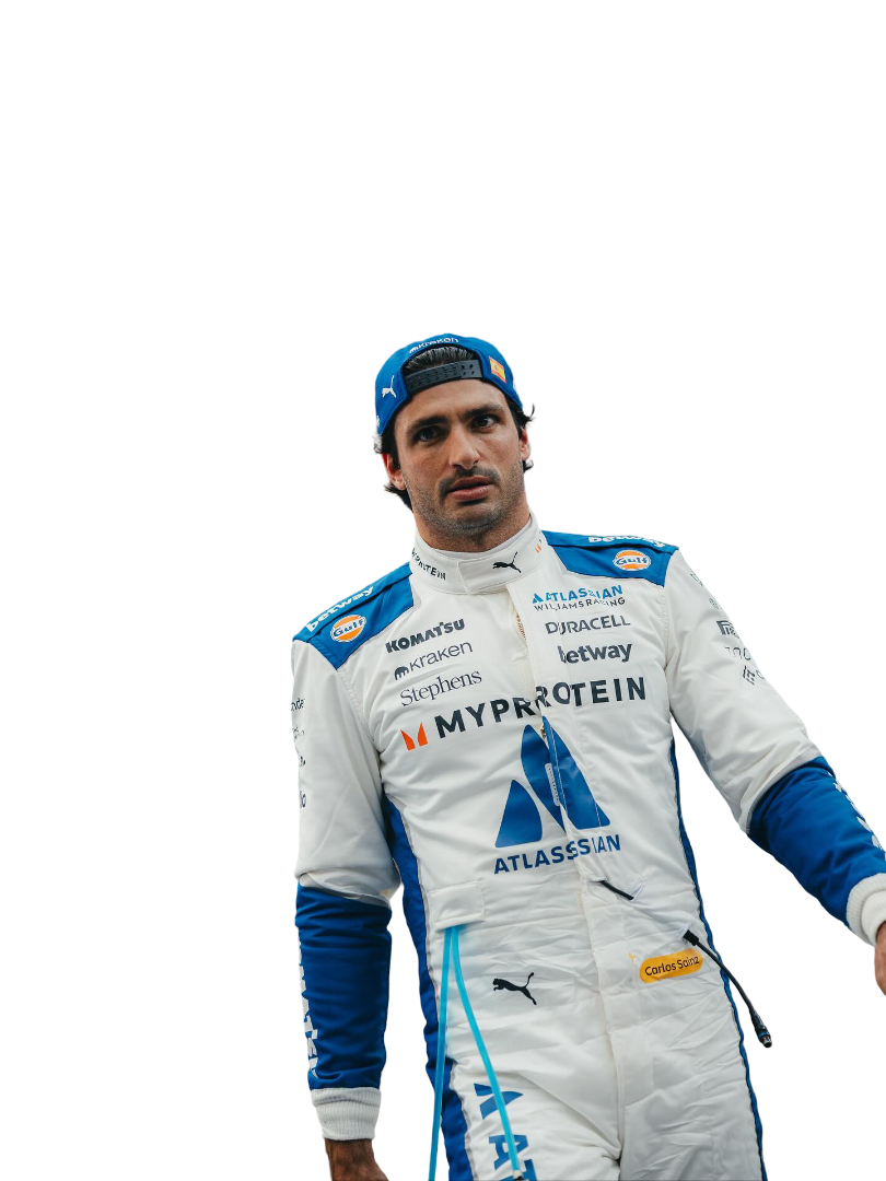 CarlosSainz wearing a 2025 US GP F1 Racing Suit with various sponsor logos on a white background speedxgear