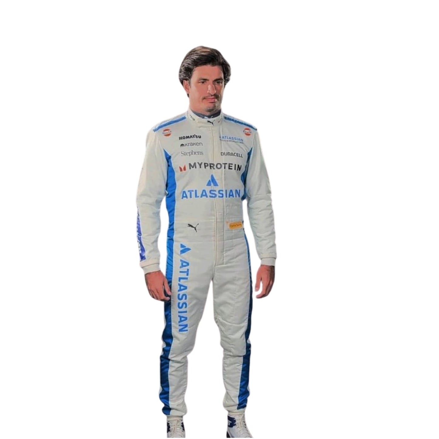 Front view of Carlos Sainz's 2025 F1 racing suit in white with blue side panels, featuring sponsor logos and a sleek design. Speedxgear