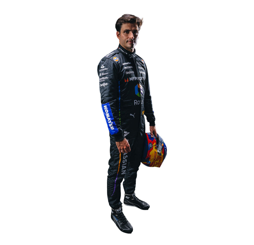left view of Carlos Sainz Jr's suits for the 2025 Las egas GP, highlighting its unique design -elements - Speedxgear