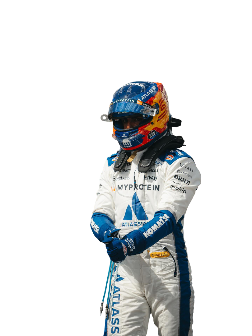 Carlos Sainz F1 Racing driver in full gear with helmet and 2025 United States GP F1 Racing Suit on a white background . Speedxgear