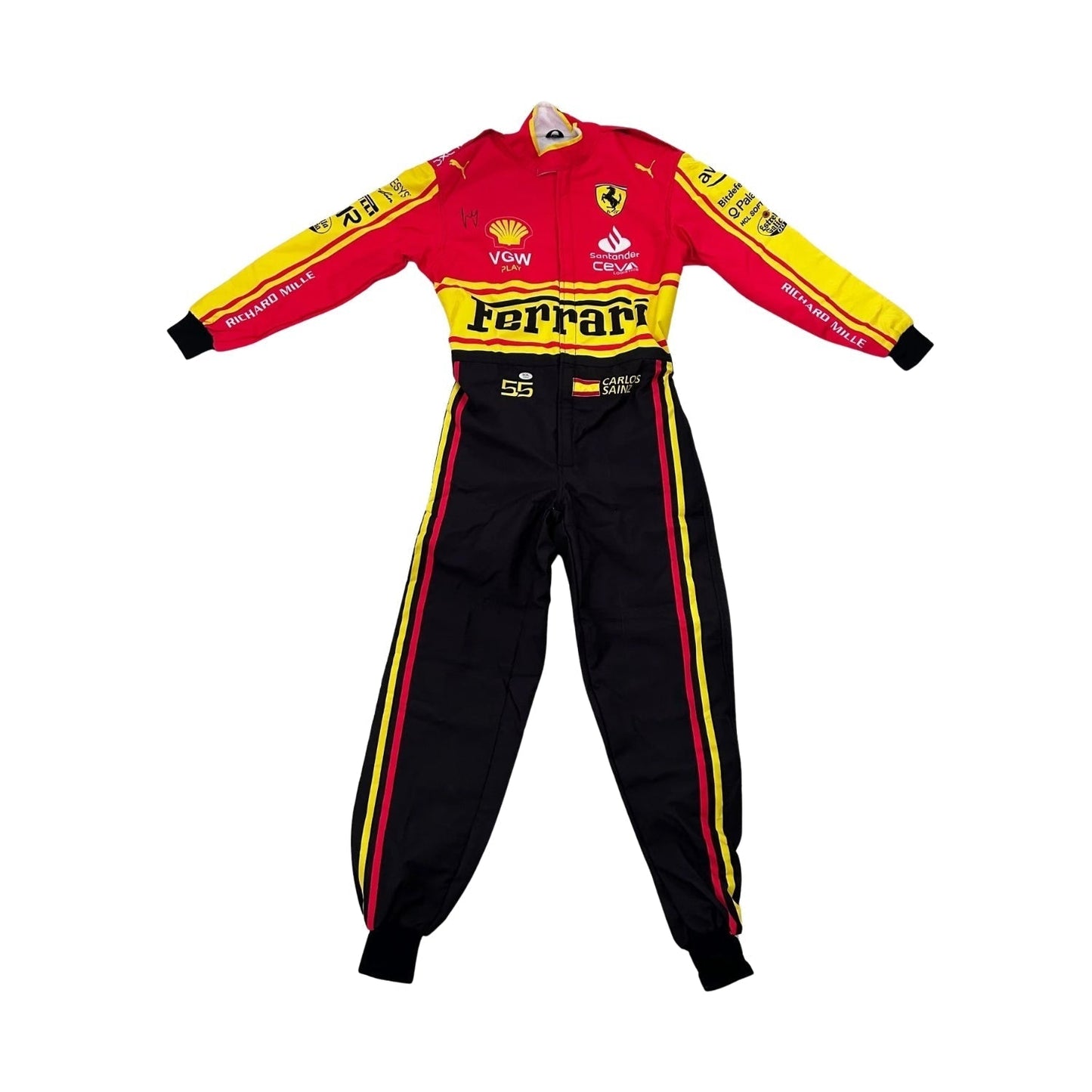 Front view of Carlos Sainz Jr.'s 2023 Monza Special Edition F1 racing suit, highlighting the continuation of the red and black color scheme with yellow accents, and 'SAINZ' printed across the shoulders above his race number 55.