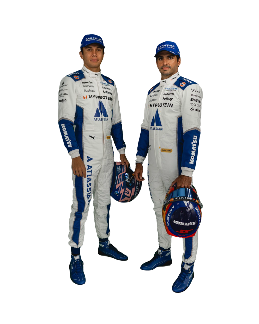 Two individuals Carlos Sainz and Alex Albon in 2025usgpF1RacingSuit with various sponsor logos on a white background. Speedxgear