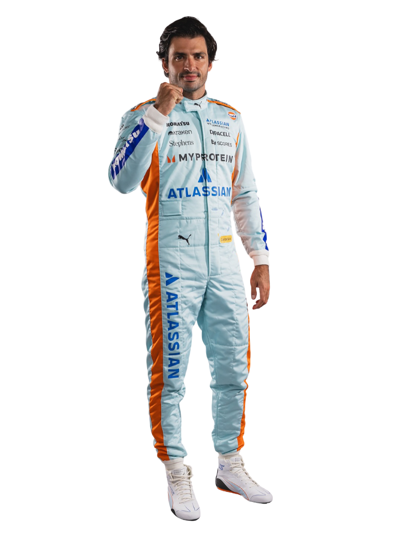Carlos Sainz wearing a 2025 Brazillian Grand Prix F1 Racing Suit - Speedxgear 