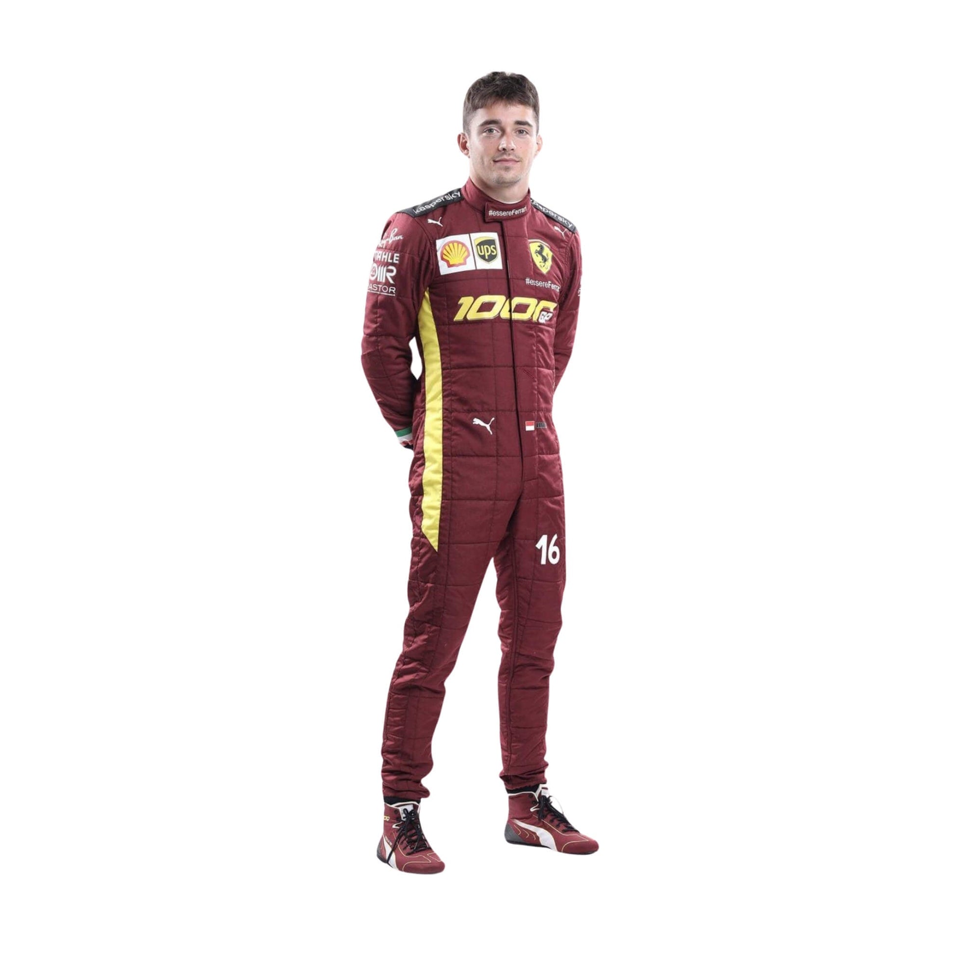 Charles Leclerc 2020 1000th GP F1 racing suit – iconic burgundy suit with gold accents
