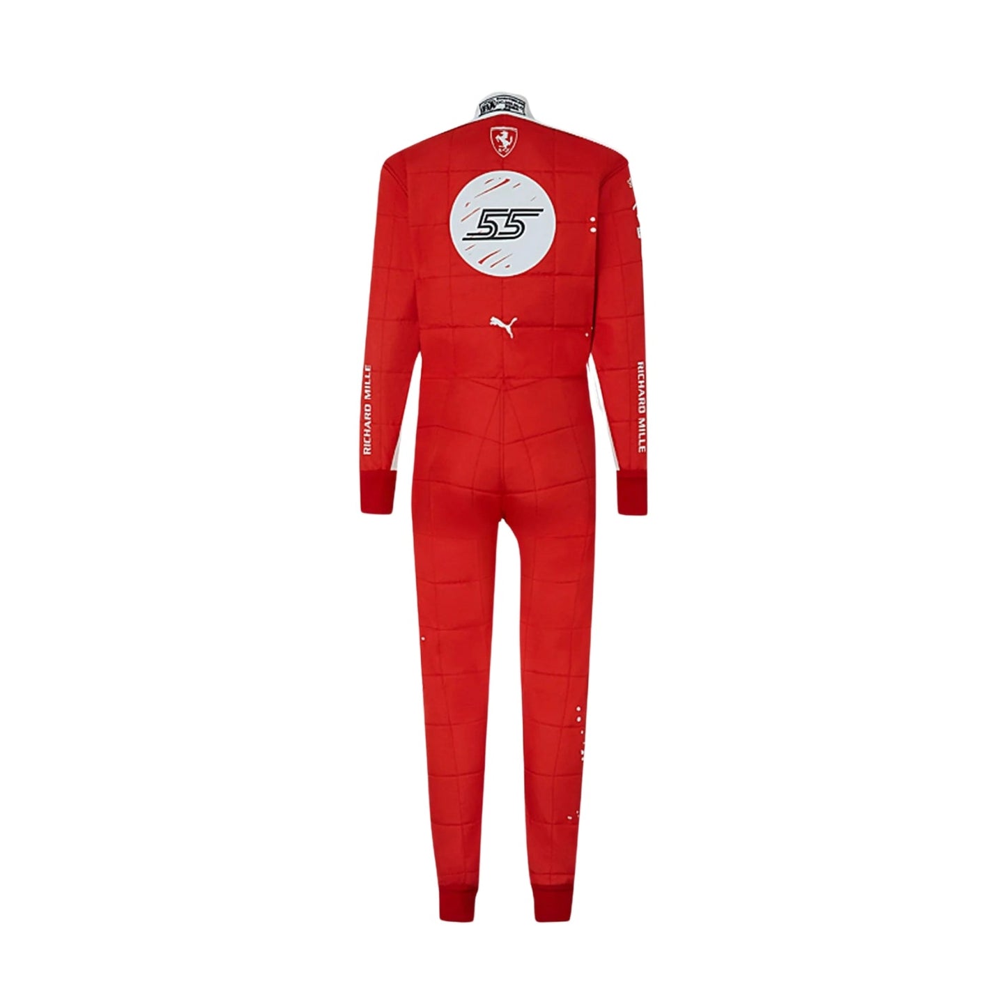 Rear view of Leclerc's 2023 Las Vegas Grand Prix racing suit displaying the continuation of the red and white color scheme with prominently placed sponsor logos and aerodynamic paneling.