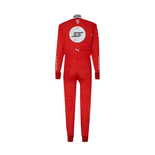 Rear view of Leclerc's 2023 Las Vegas Grand Prix racing suit displaying the continuation of the red and white color scheme with prominently placed sponsor logos and aerodynamic paneling.