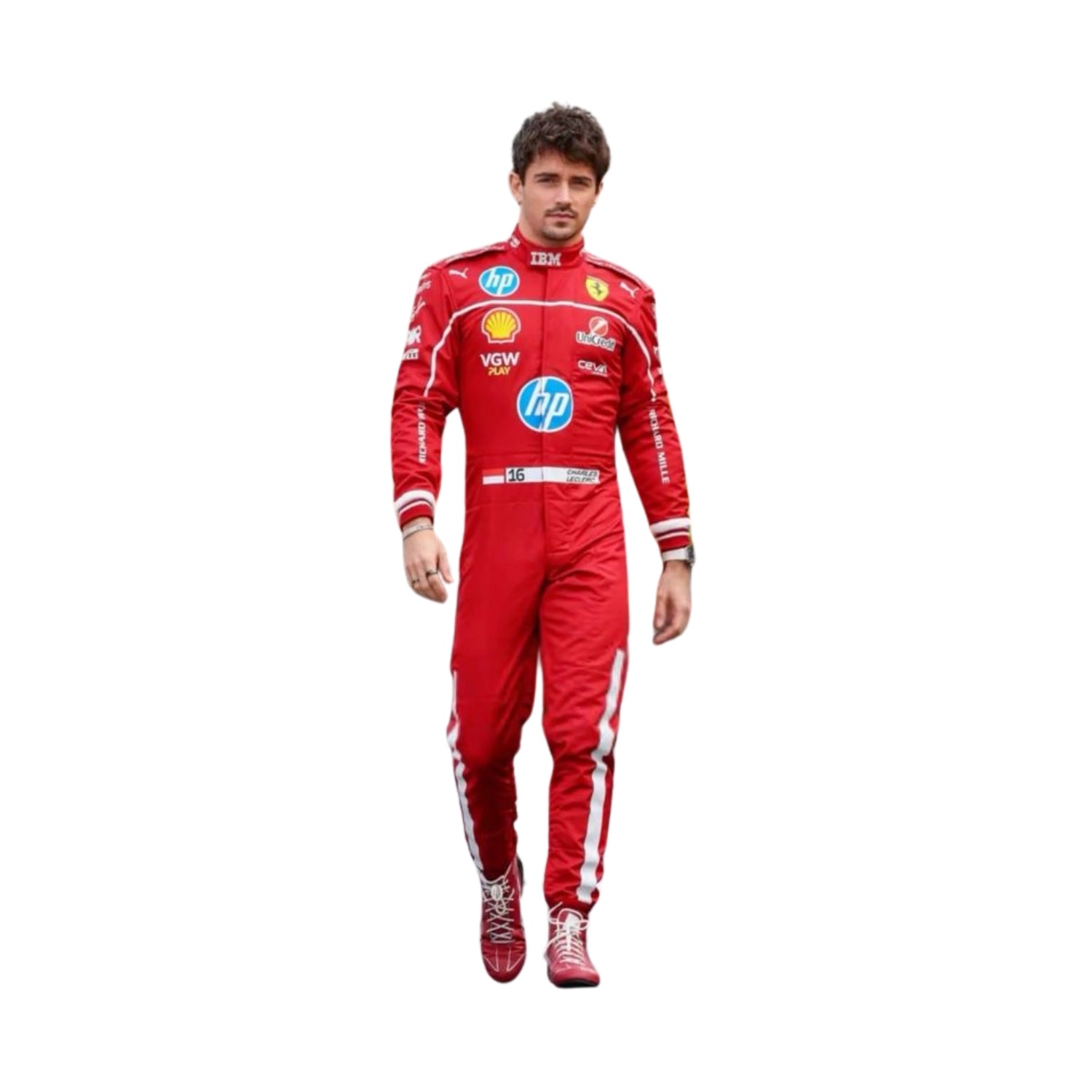 Charles Leclerc standing proudly in his 2025 Ferrari F1 racing suit, with bold Ferrari red and black color scheme.

