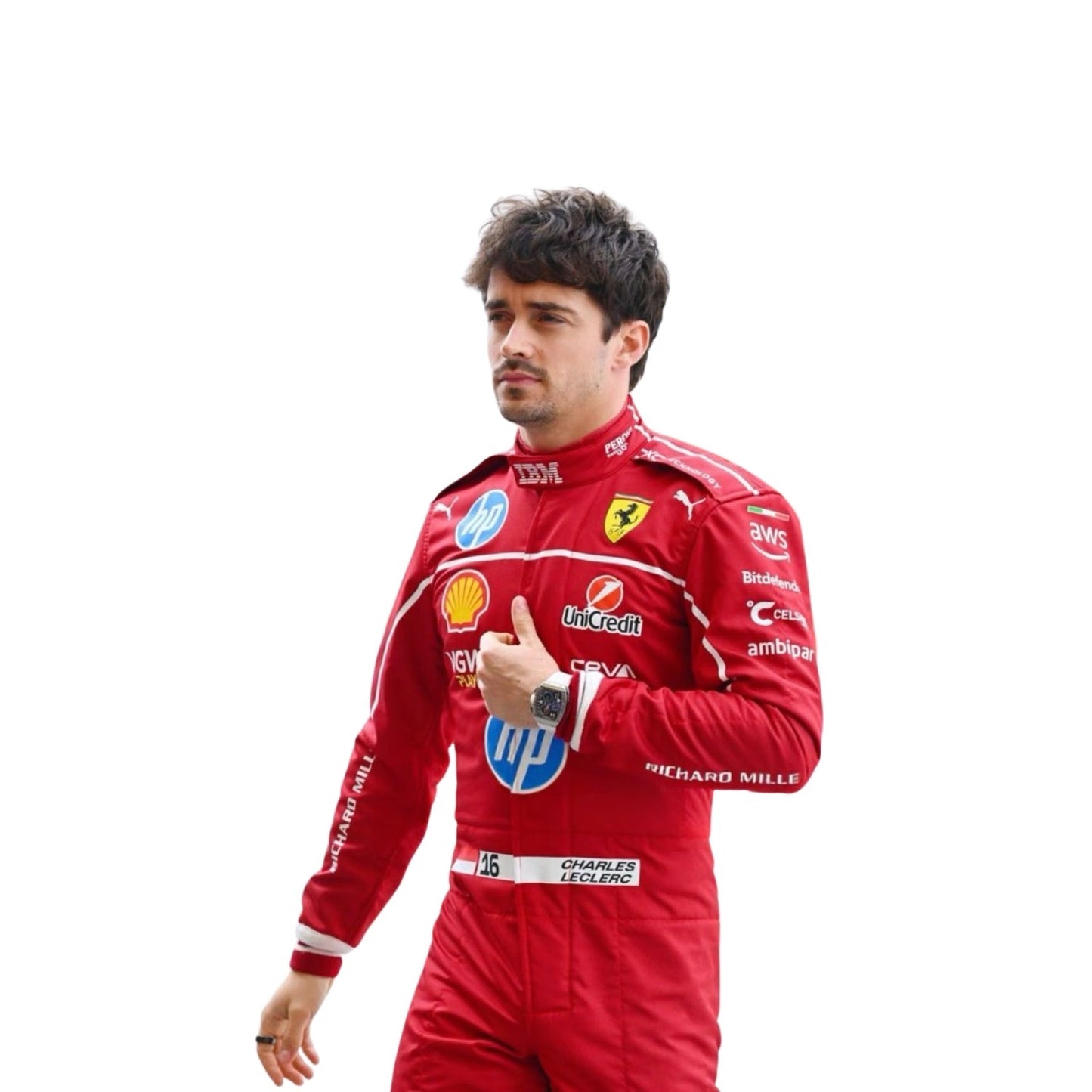 Close-up of Charles Leclerc in his 2025 F1 racing suit, focusing on the fine detailing and fire-resistant fabric design.


