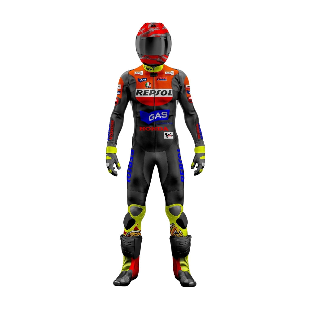 Custom Honda Repsol MotoGP Black and Red Motorcycle Leather Suit for Professional Riders SpeedX Gear
