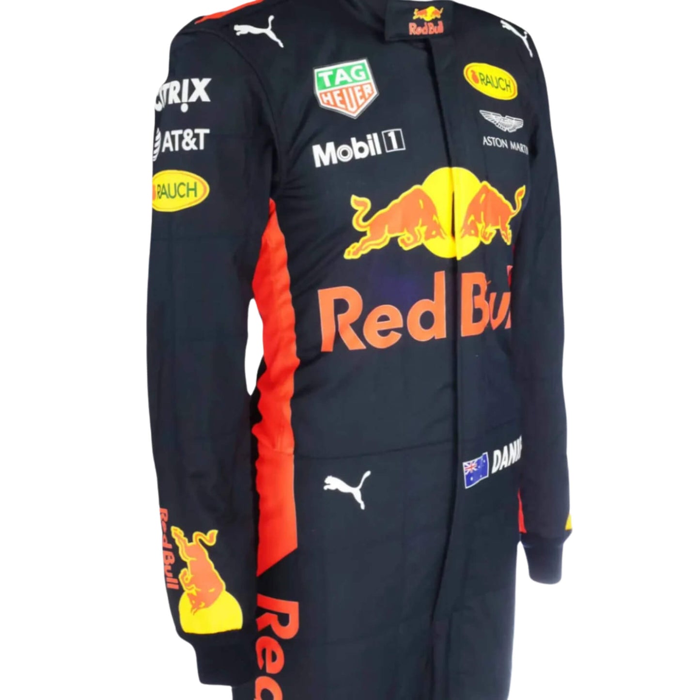 Close-up of the sleeve on Daniel Ricciardo’s 2017 F1 racing suit, showing embroidered sponsor logos and high-quality stitching.